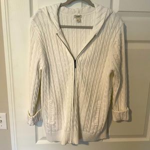 LL Bean white cable knit zip sweater